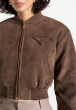 Monique - Suede Wide Shoulder Bomber Jacket - Brown