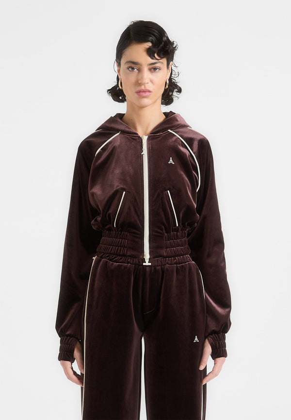 Eiffel Velour Zip Through Hoodie - Brown