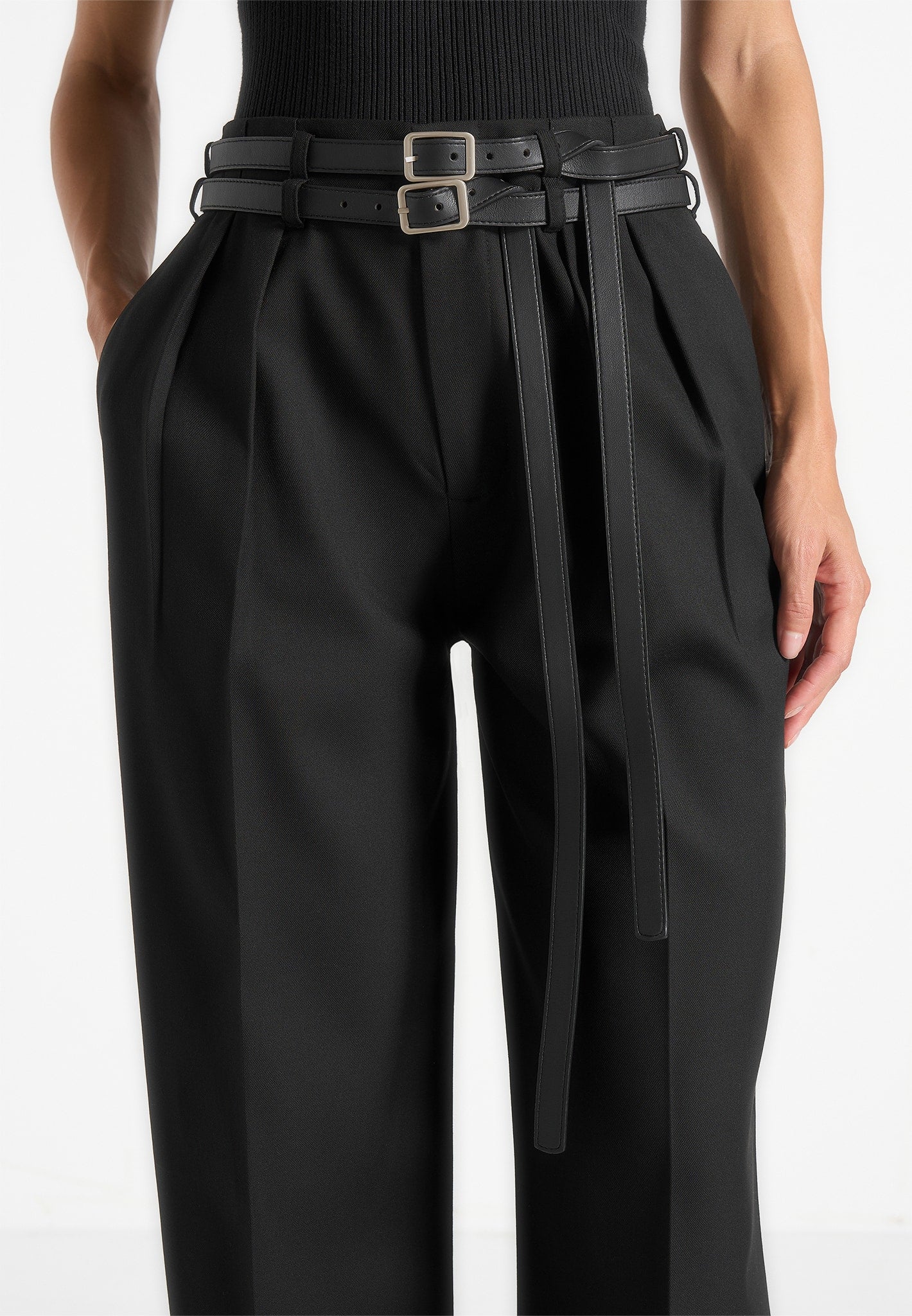 Pascale - Tailored Twin Belt Pants - Black