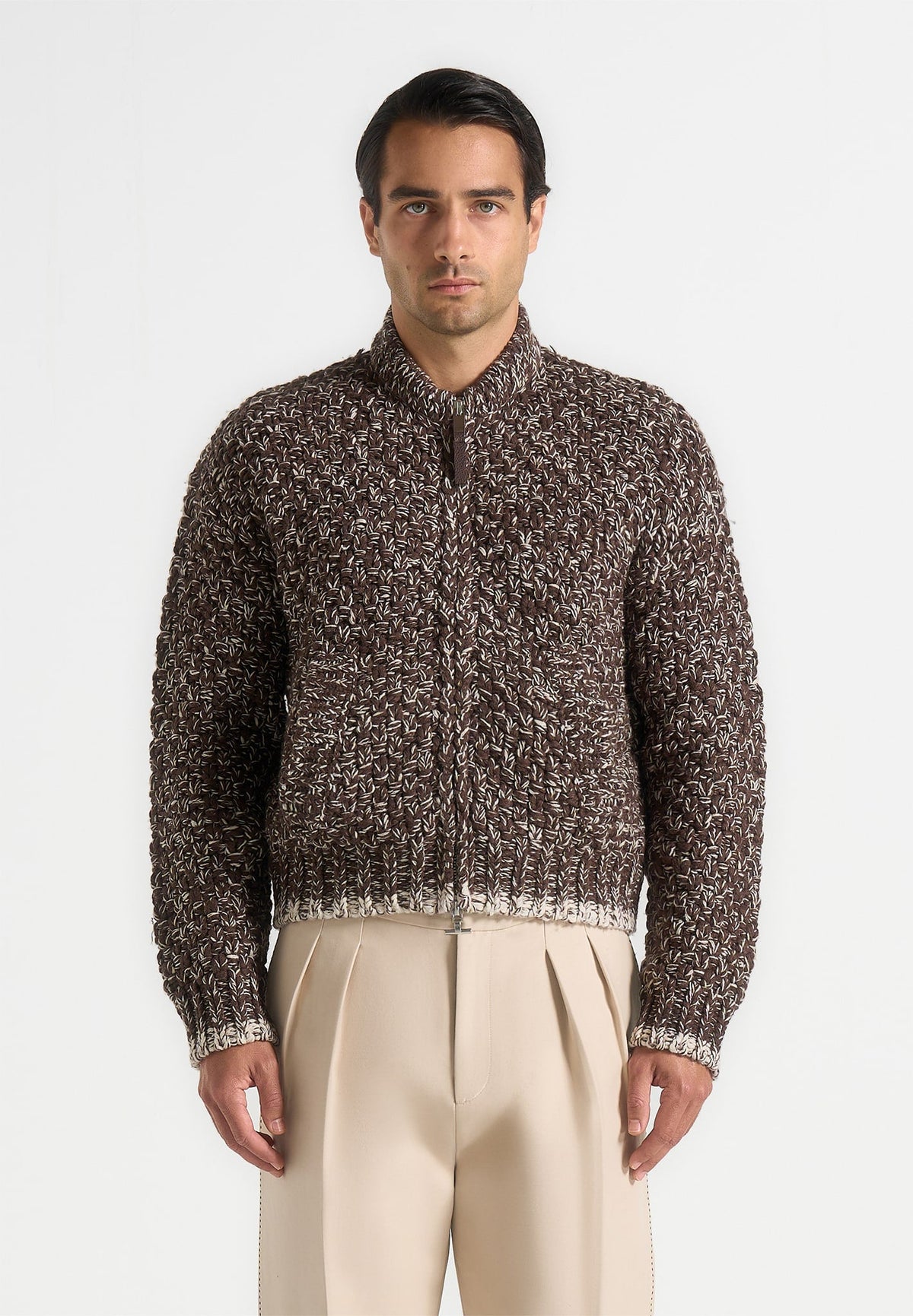 Darel - Speckled Knit Bomber Jacket - Brown