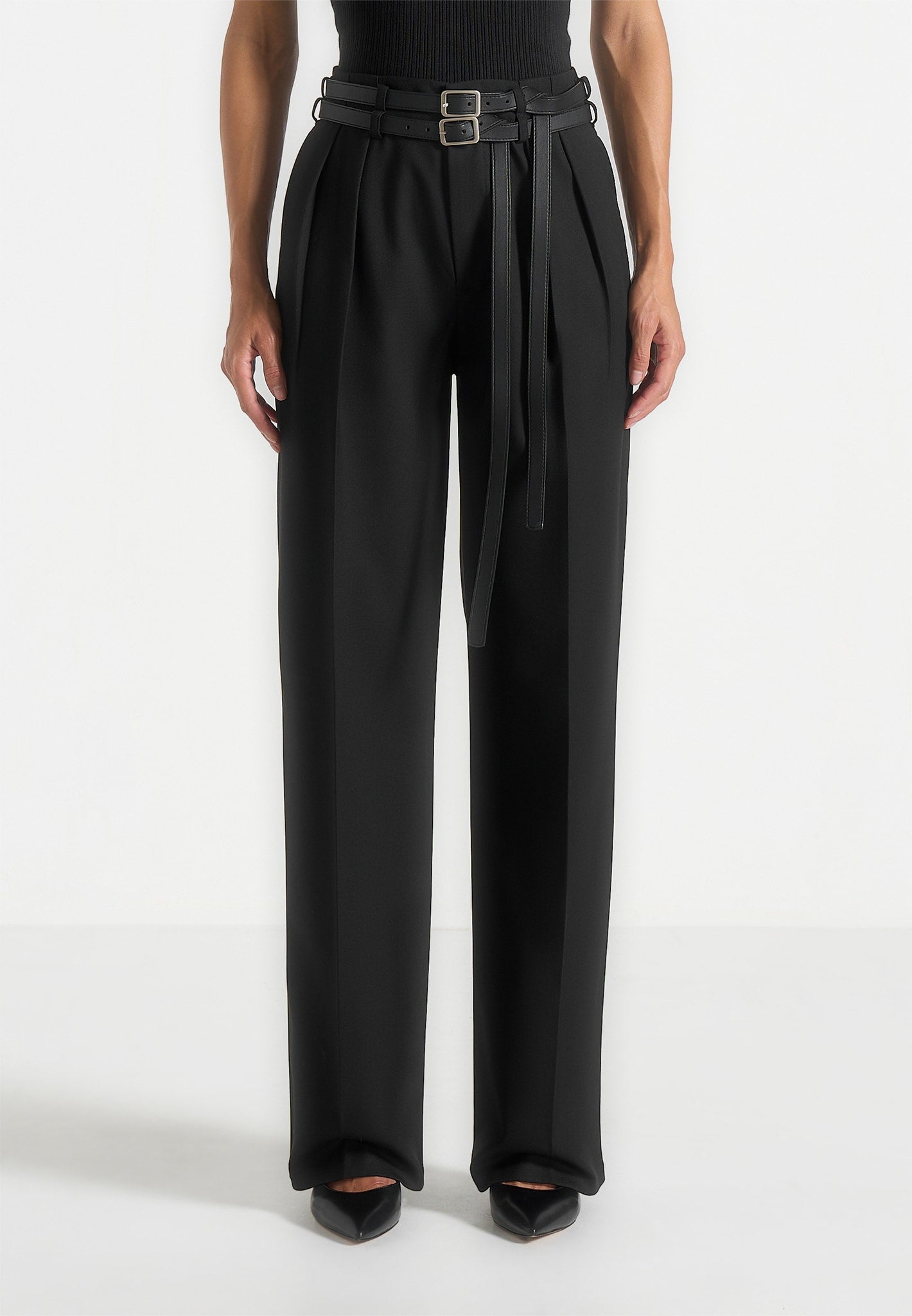 Pascale - Tailored Twin Belt Pants - Black 