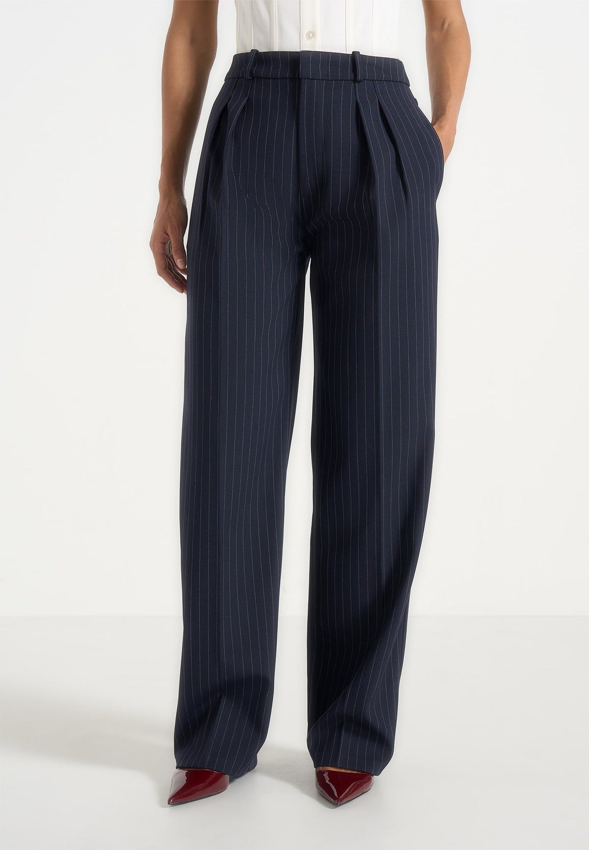 Julie - Pinstripe Twin Pleat Tailored Pants - Navy