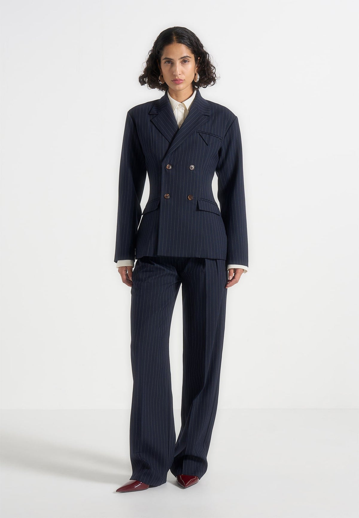 Julie - Pinstripe Twin Pleat Tailored Pants - Navy