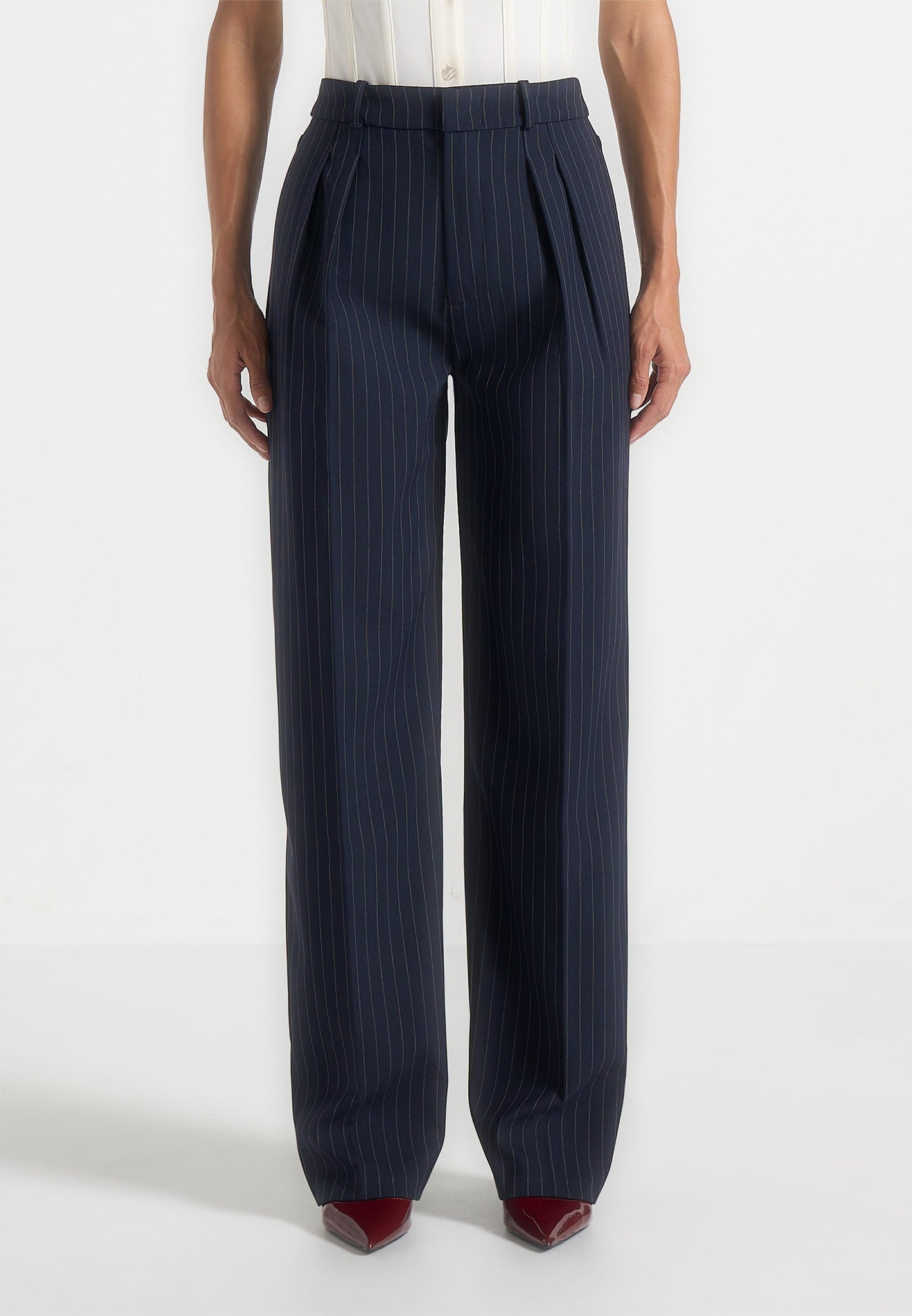Julie - Pinstripe Twin Pleat Tailored Pants - Navy