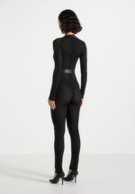 Tiana - Pointelle Knit Long Sleeve Jumpsuit with Belt - Black
