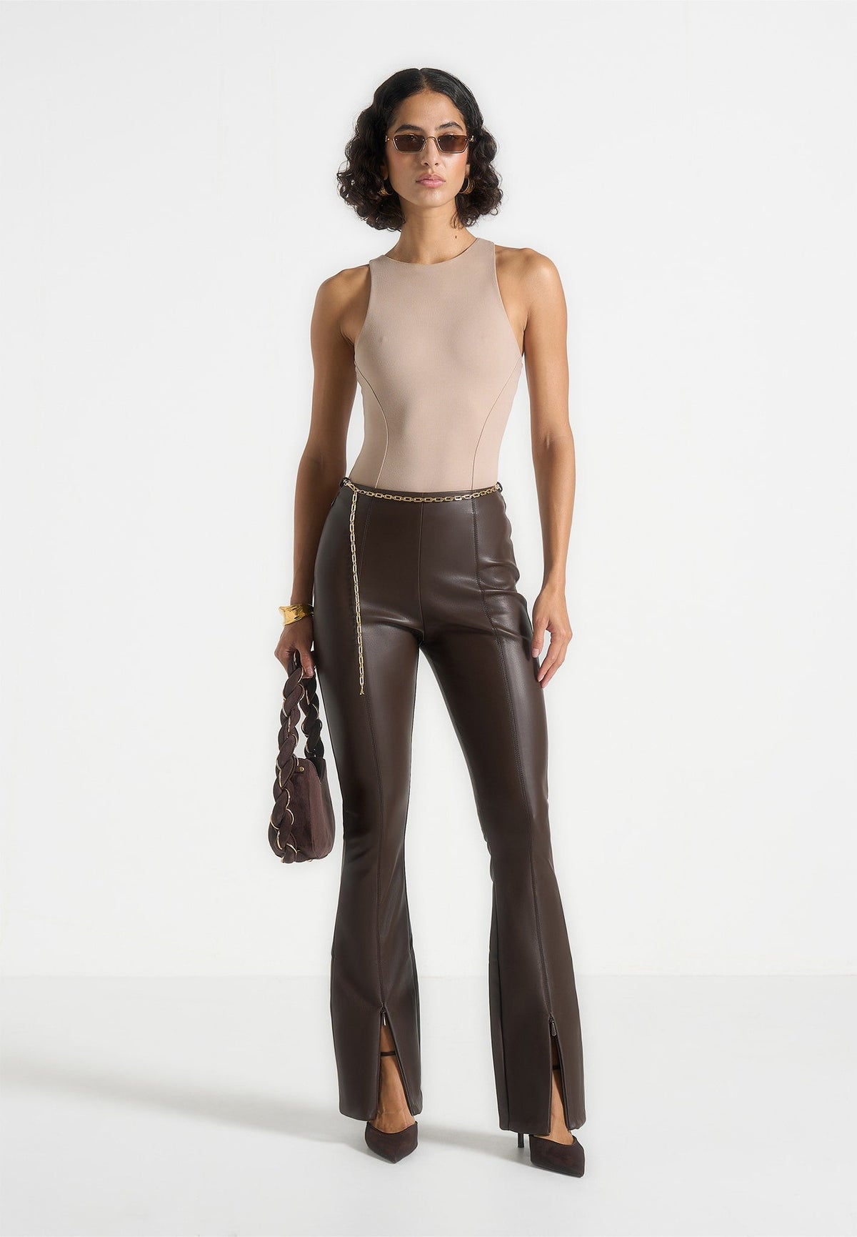 Ninon - Leather Fit And Flare Pants With Chain - Brown