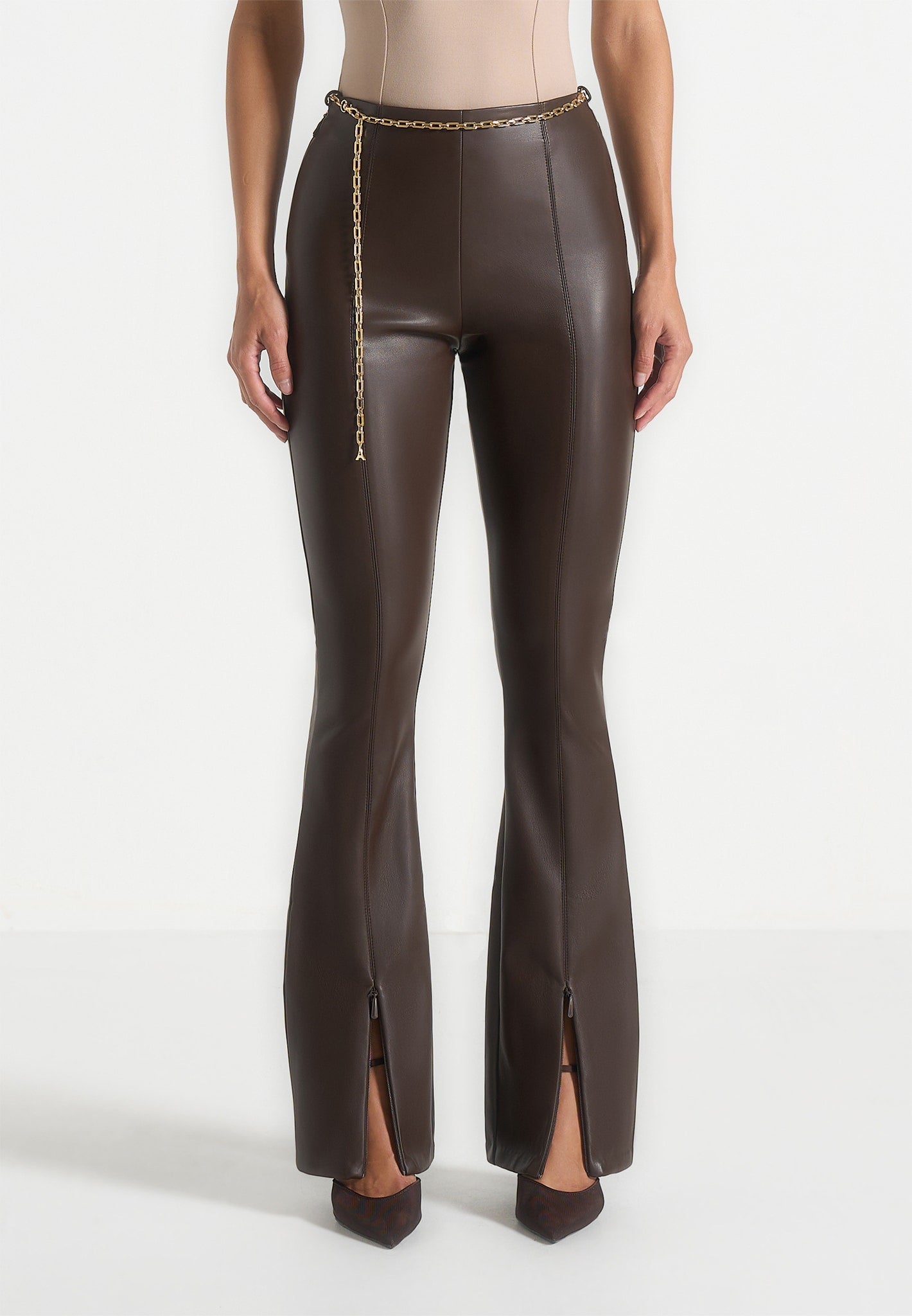 Ninon - Leather Fit And Flare Pants With Chain - Brown