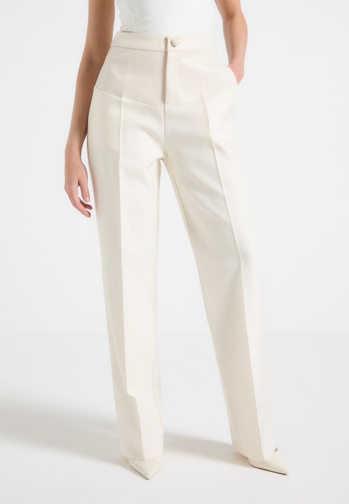 Blanche - Leather Panel Tailored Pants - Off White