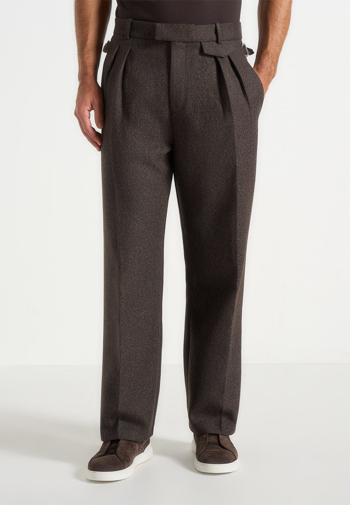 Pierre - Twin Pleat Melange Tailored Pants - Brown