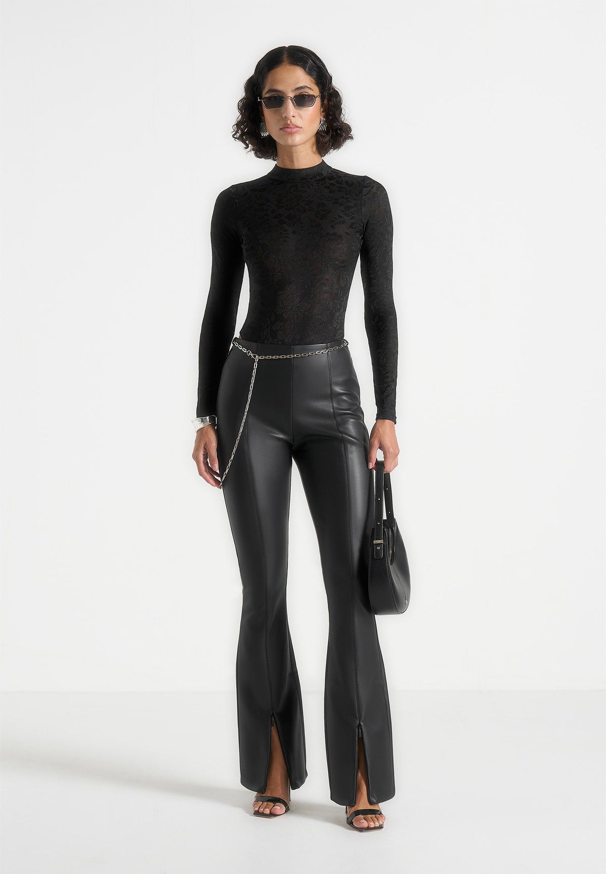 Ninon - Leather Fit And Flare Pants With Chain - Black