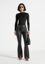 Ninon - Leather Fit And Flare Pants With Chain - Black
