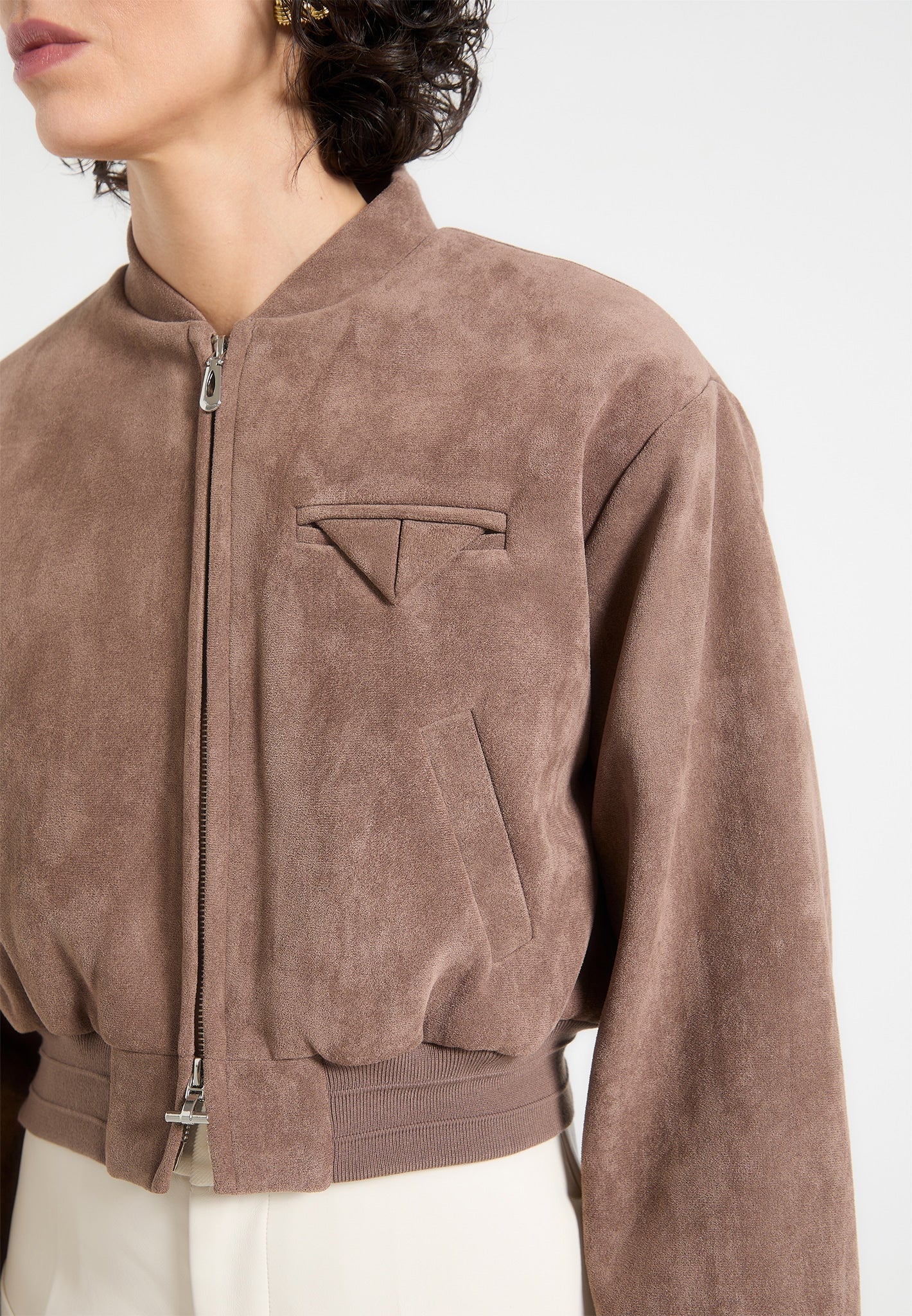 Monique - Suede Wide Shoulder Bomber Jacket - Taupe