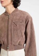 Monique - Suede Wide Shoulder Bomber Jacket - Taupe