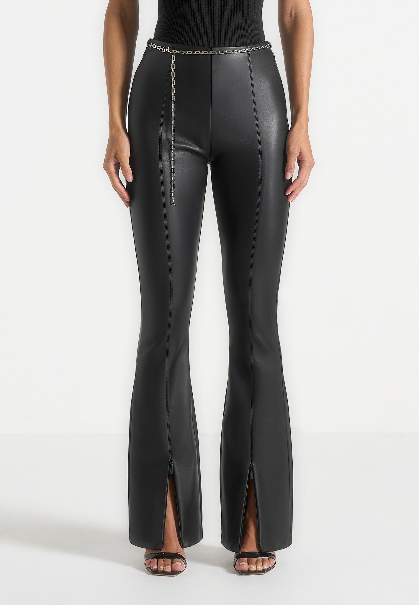 Ninon - Leather Fit And Flare Pants With Chain - Black