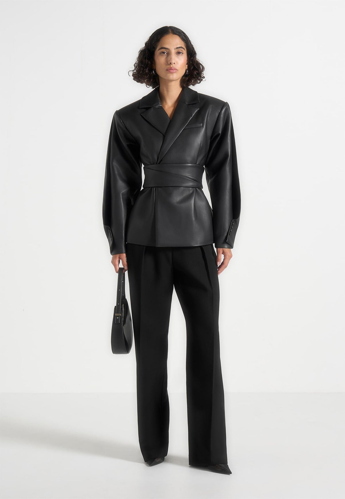 Marie - Twist Sleeve Leather Blazer with Belt - Black