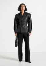 marie-twist-sleeve-leather-blazer-with-belt-black
