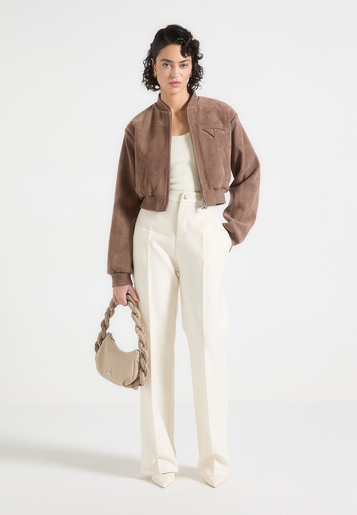Monique - Suede Wide Shoulder Bomber Jacket - Taupe