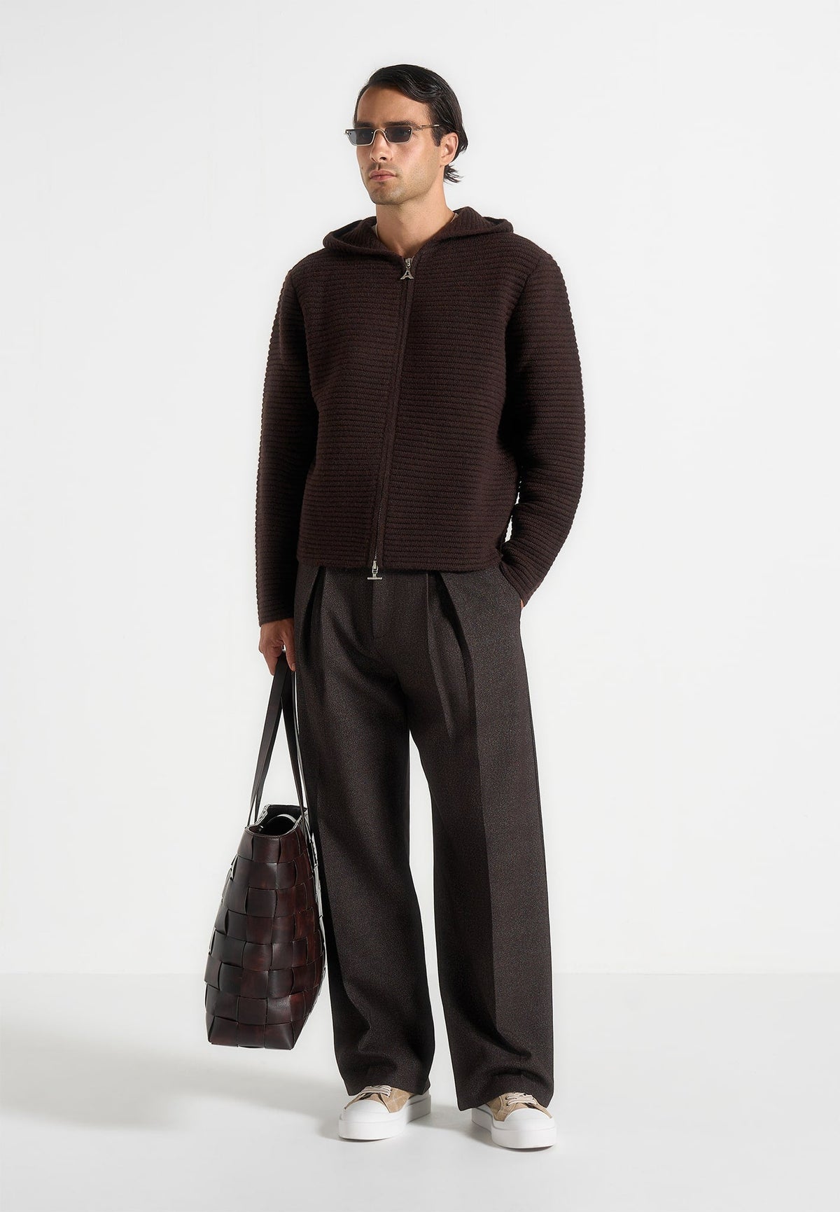 Eden - Unisex Ribbed Knit Zip Up Hoodie - Brown