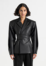 marie-twist-sleeve-leather-blazer-with-belt-black
