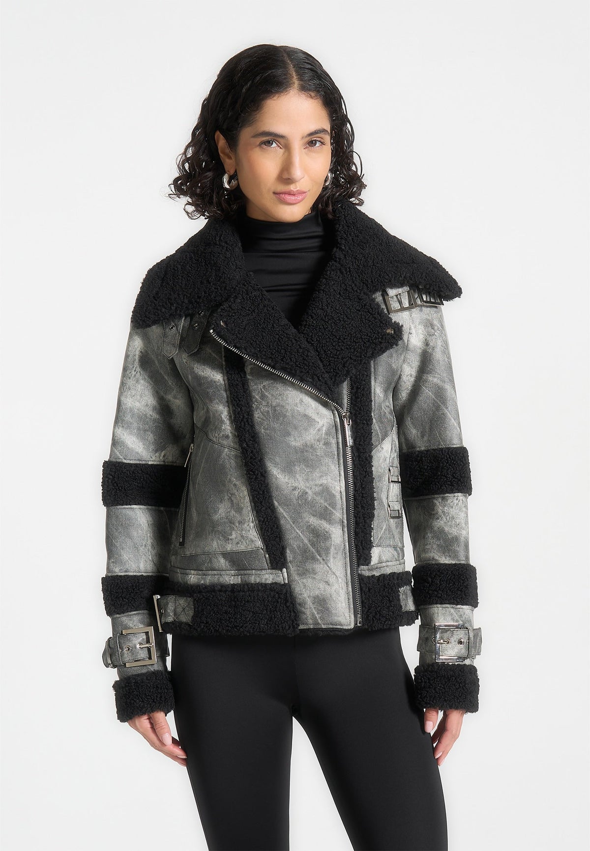 Odette - Marbled Leather Borg Biker Jacket - Black