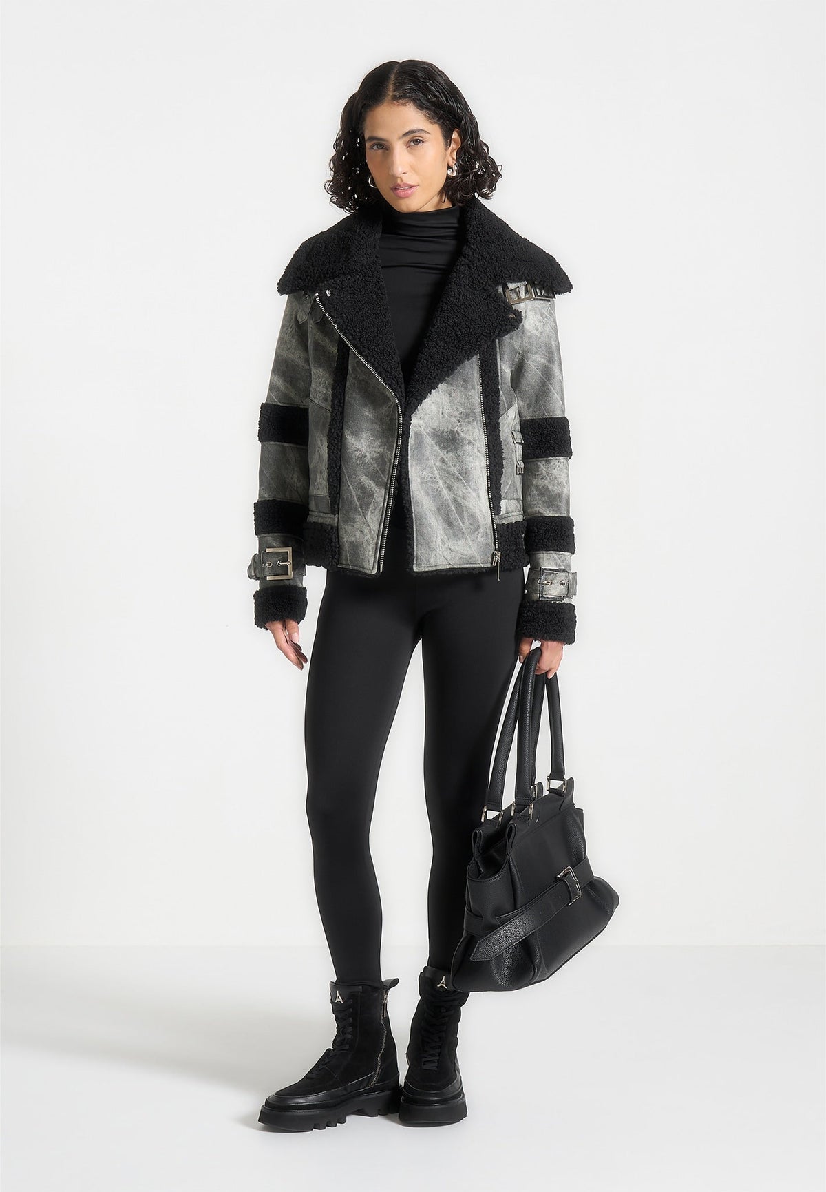 Odette - Marbled Leather Borg Biker Jacket - Black