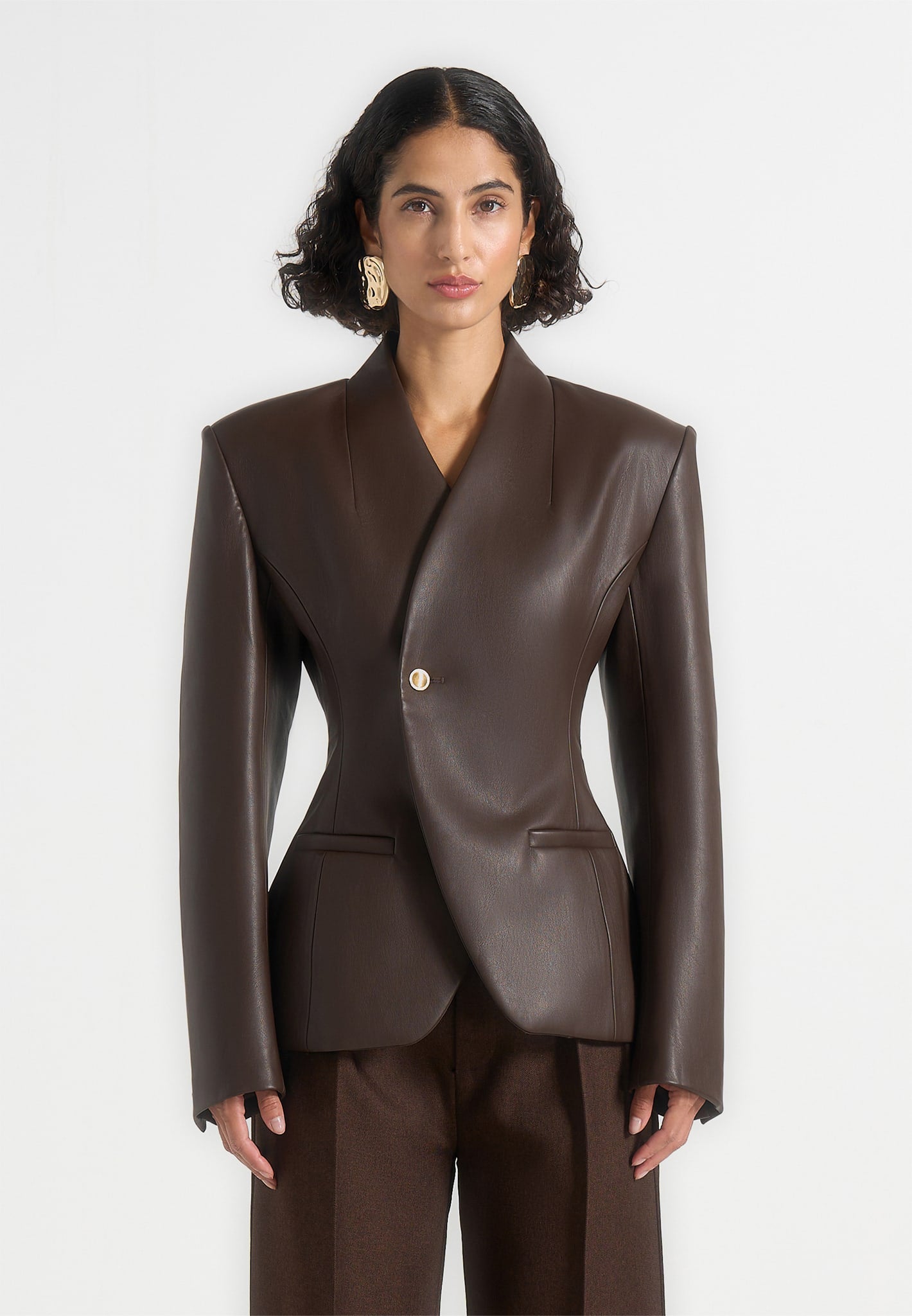 Ina - Leather Cinched Waist Kimono Blazer - Brown