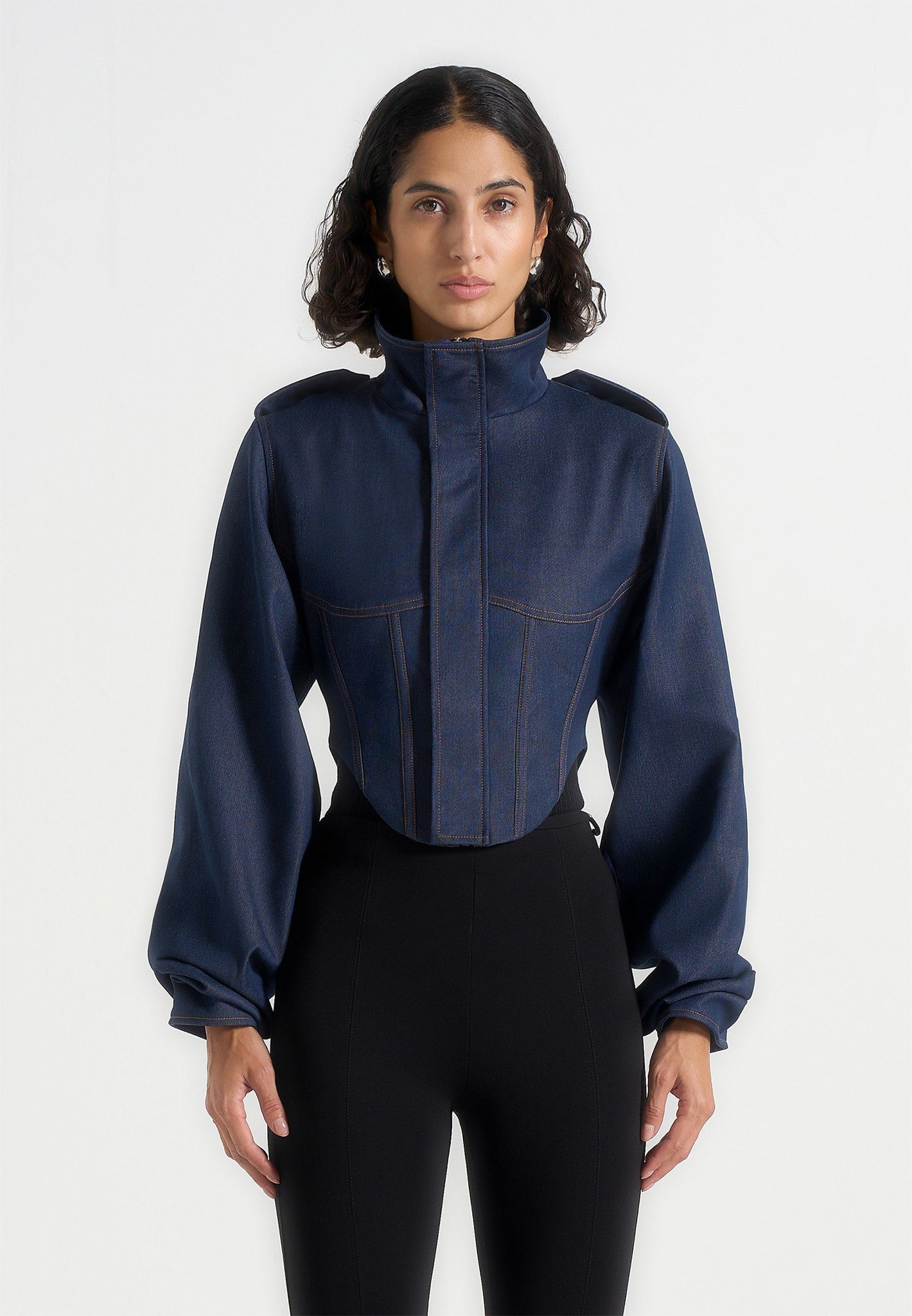 Solange - Denim Tacked Sleeve Corset Jacket - Indigo