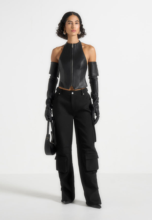Claudette - Leather Halterneck Backless Top - Black
