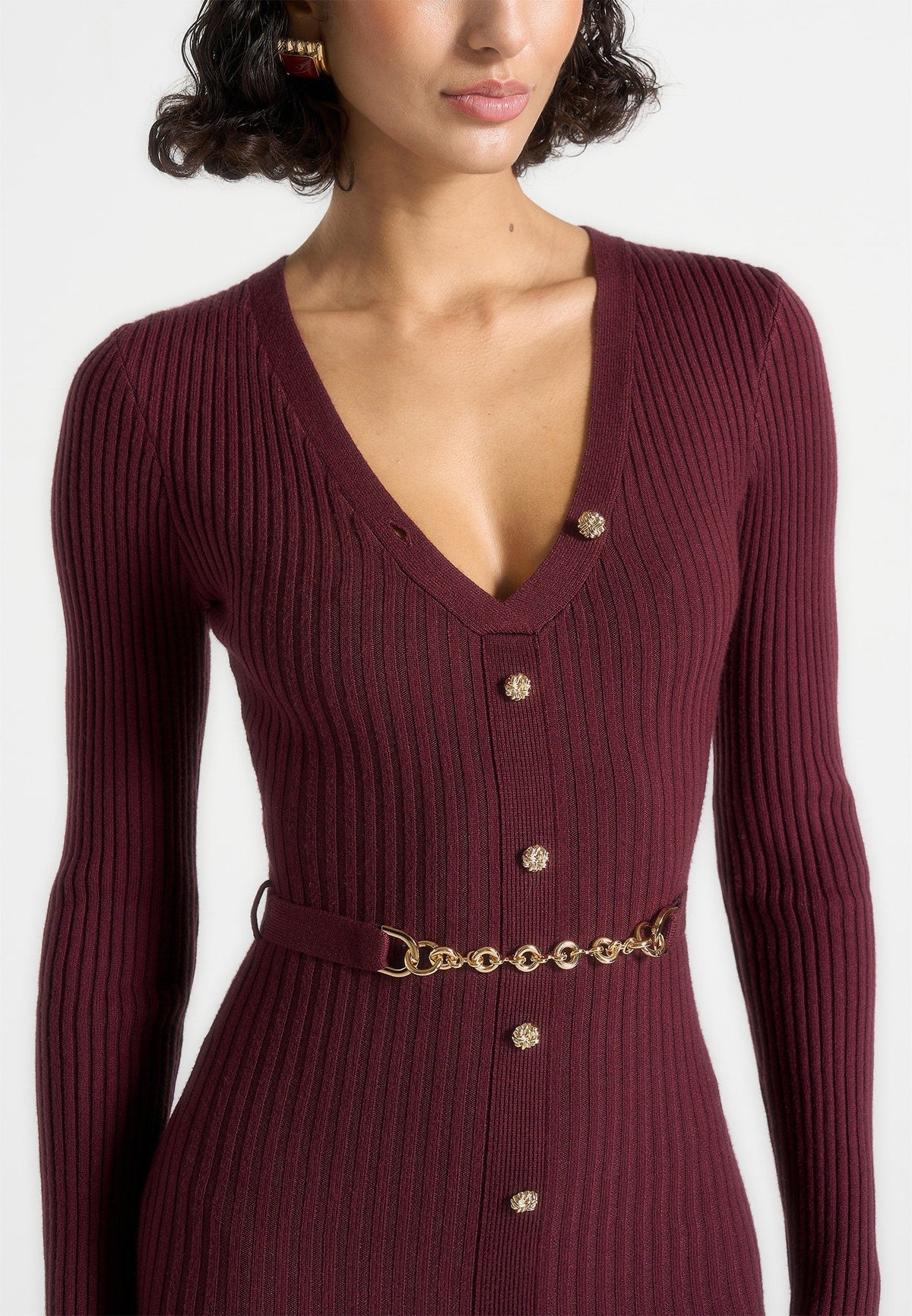 Assia - Long Sleeve Knitted Maxi Dress With Belt - Wine Red