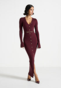 Assia - Long Sleeve Knitted Maxi Dress With Belt - Wine Red