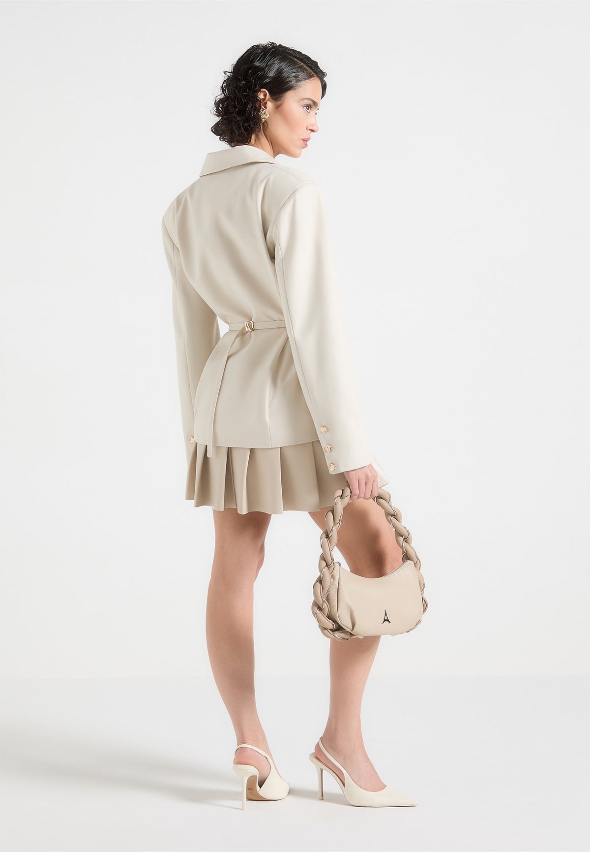 Nicole - Tailored Cinch Blazer Dress with Pleats - Cream/Beige