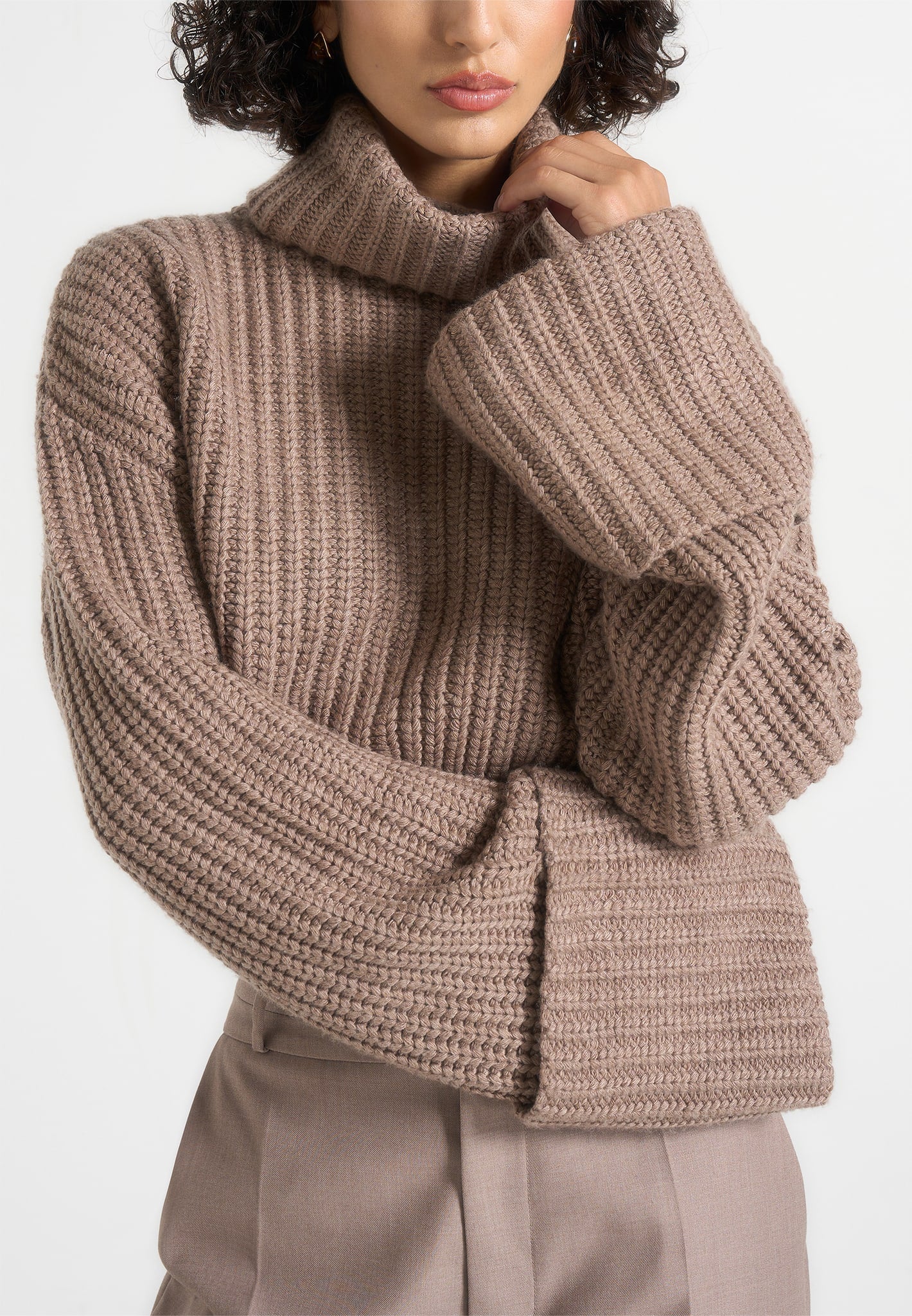 Amaya - Roll Neck Knit Sweater With Cuffs - Taupe