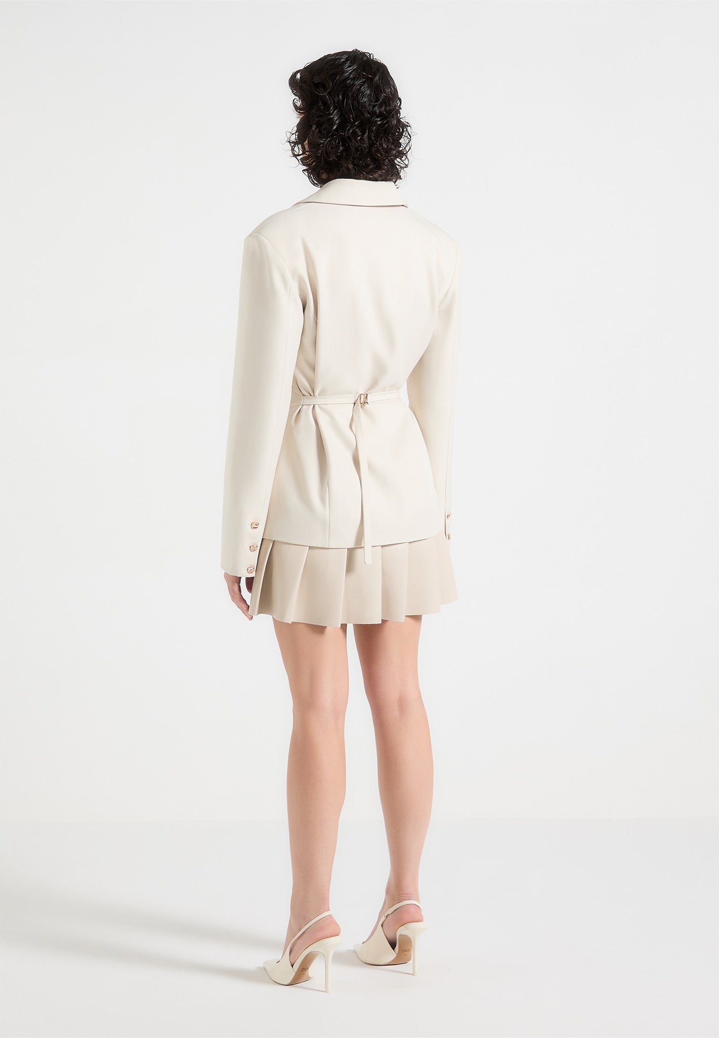 Nicole - Tailored Cinch Blazer Dress with Pleats - Cream/Beige