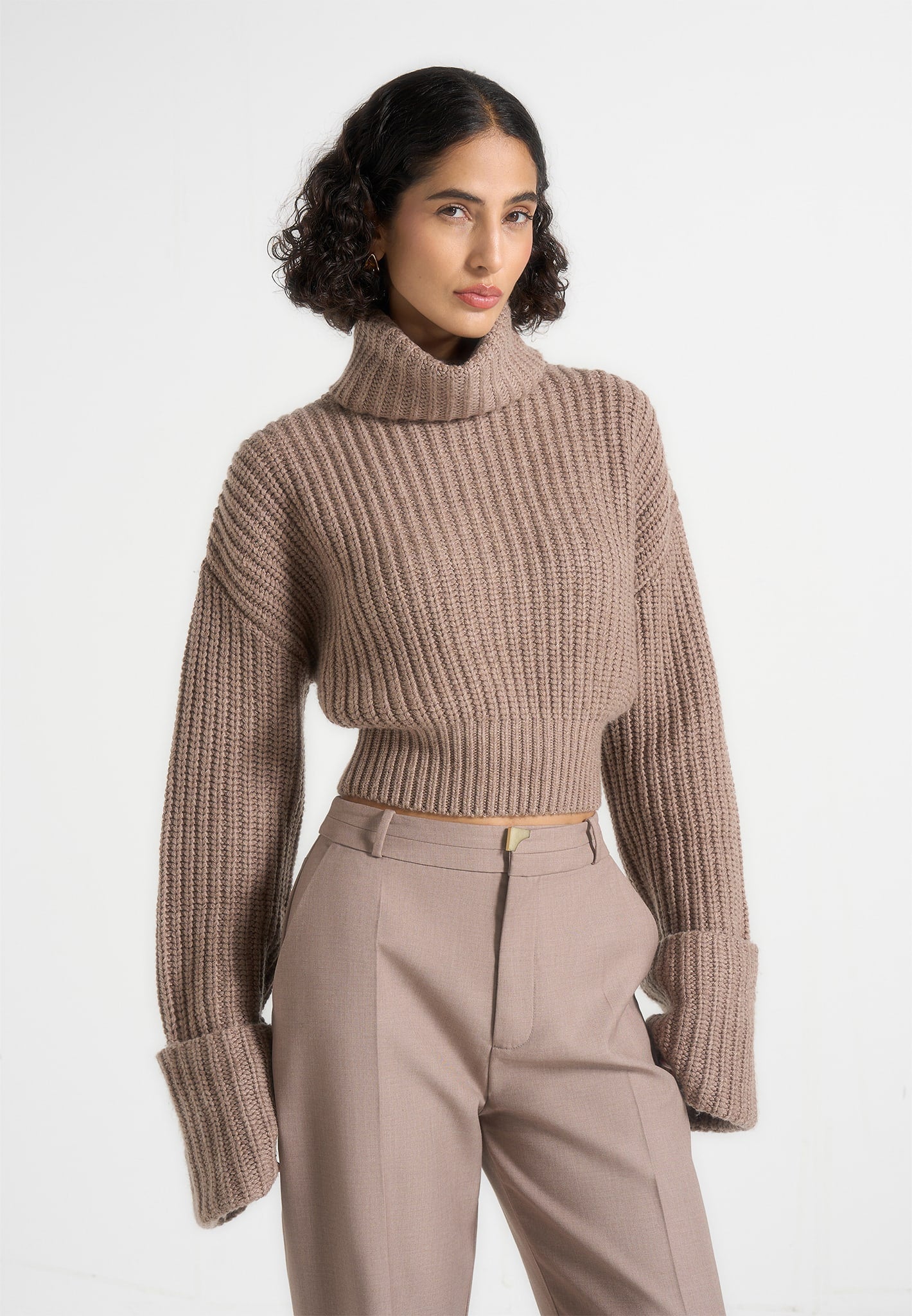 Amaya - Roll Neck Knit Sweater With Cuffs - Taupe 