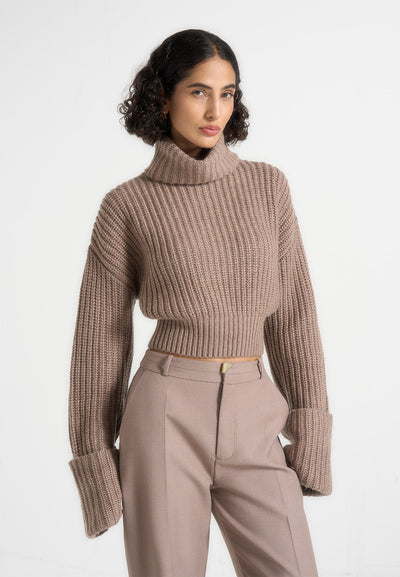 Amaya - Roll Neck Knit Sweater With Cuffs - Taupe