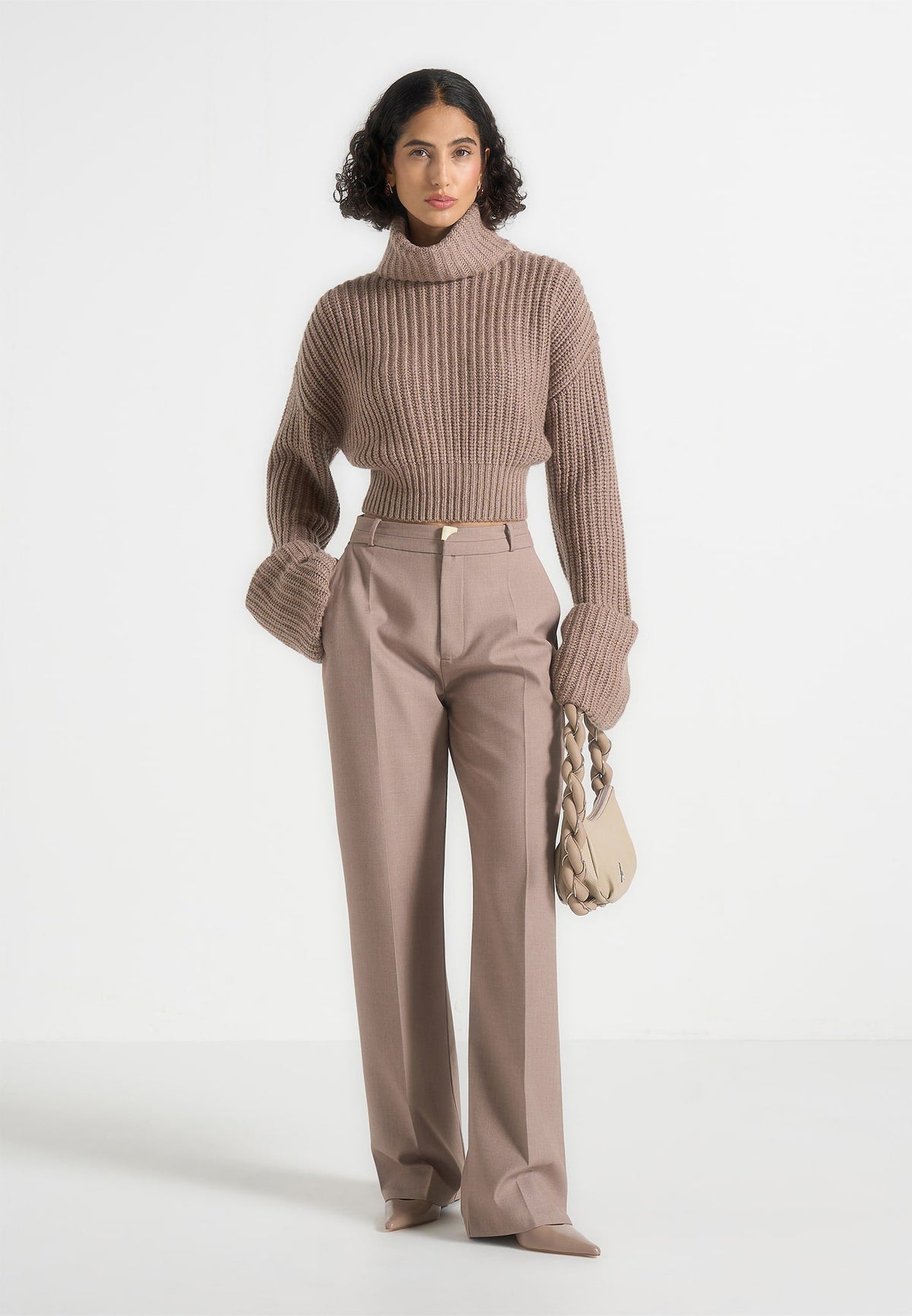 Amaya - Roll Neck Knit Sweater With Cuffs - Taupe
