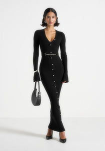 Assia - Long Sleeve Knitted Maxi Dress With Belt - Black