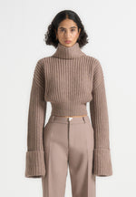Amaya - Roll Neck Knit Sweater With Cuffs - Taupe