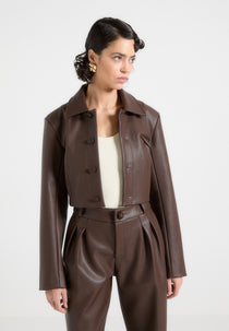 Ania - Wide Shoulder Pebbled Leather Jacket - Brown