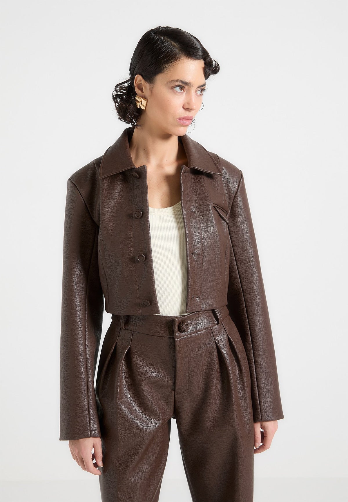 Ania - Wide Shoulder Pebbled Leather Jacket - Brown