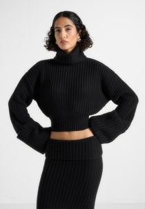 Amaya - Roll Neck Knit Sweater With Cuffs - Black