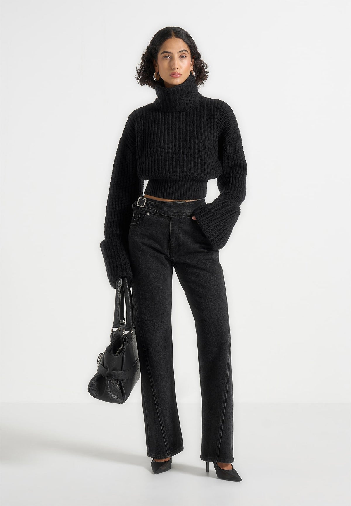 Amaya - Roll Neck Knit Sweater With Cuffs - Black