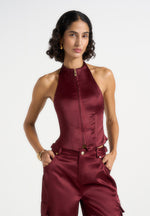 Claudette - Satin Halterneck Backless Top - Wine Red