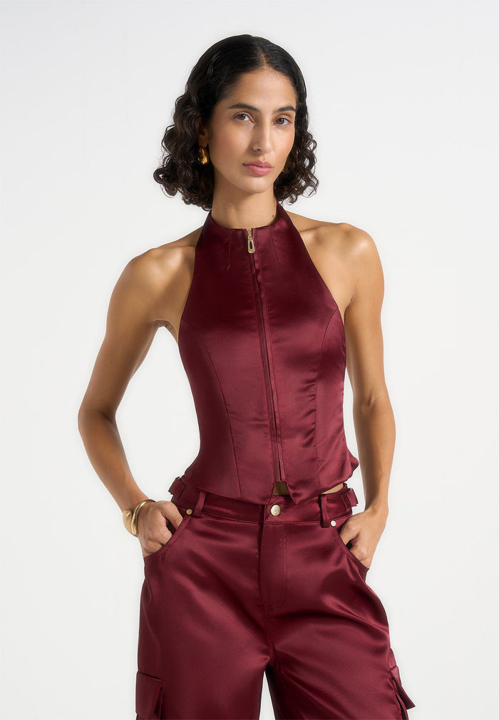 Claudette - Satin Halterneck Backless Top - Wine Red