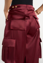 Emilie - Satin High Waisted Cargo Pants - Wine Red