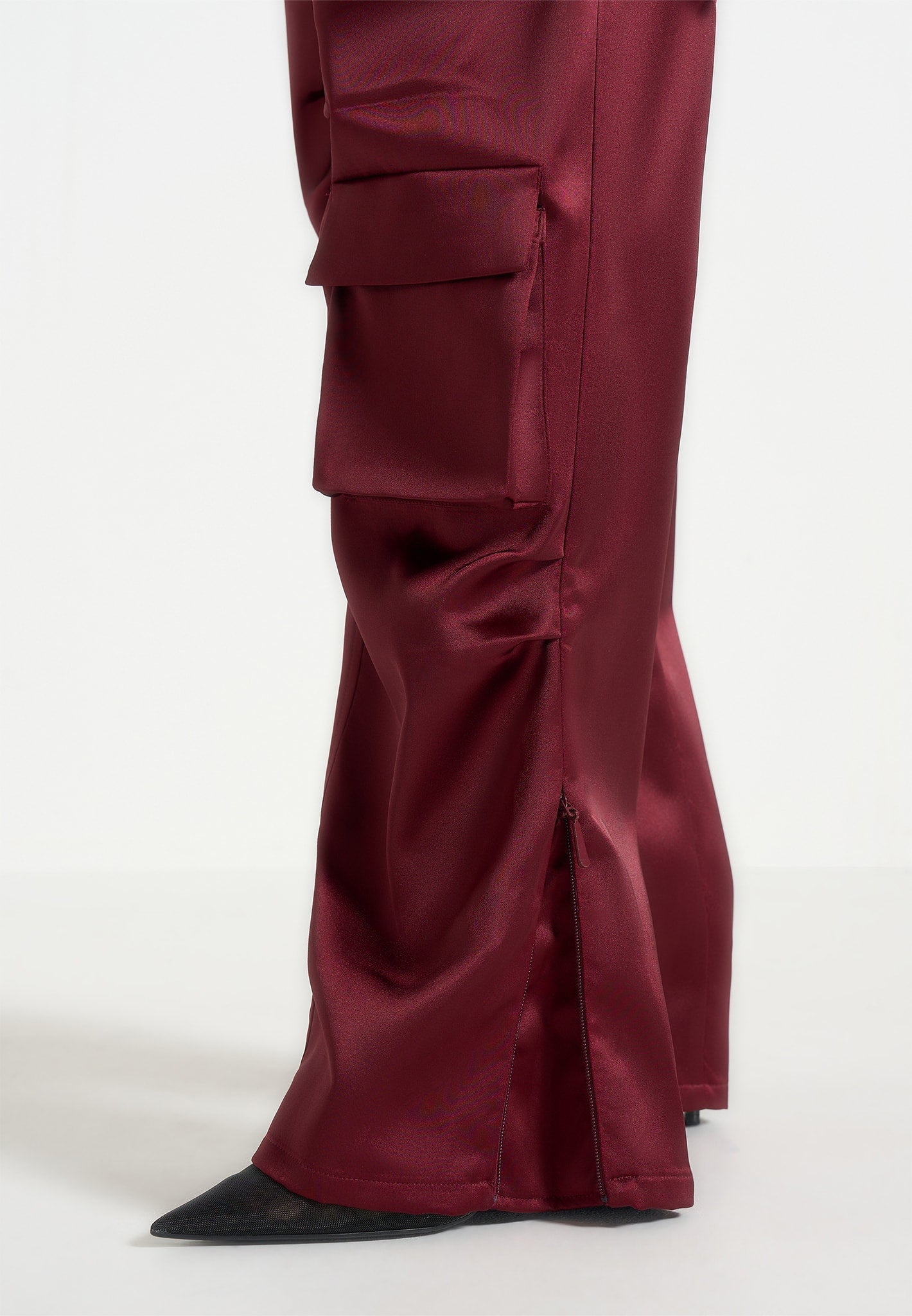 Emilie - Satin High Waisted Cargo Pants - Wine Red