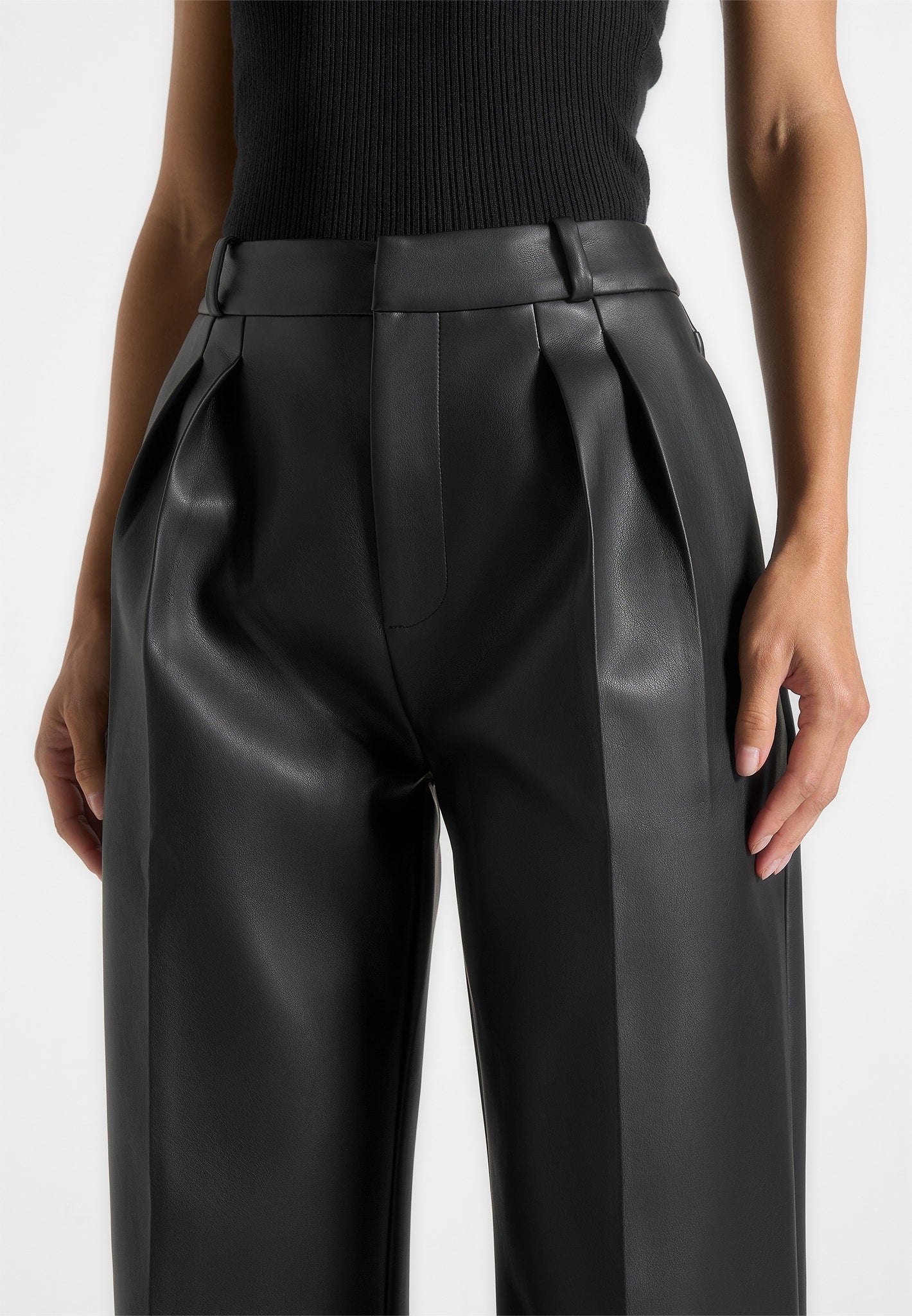 Julie - Leather Twin Pleat Pants - Black