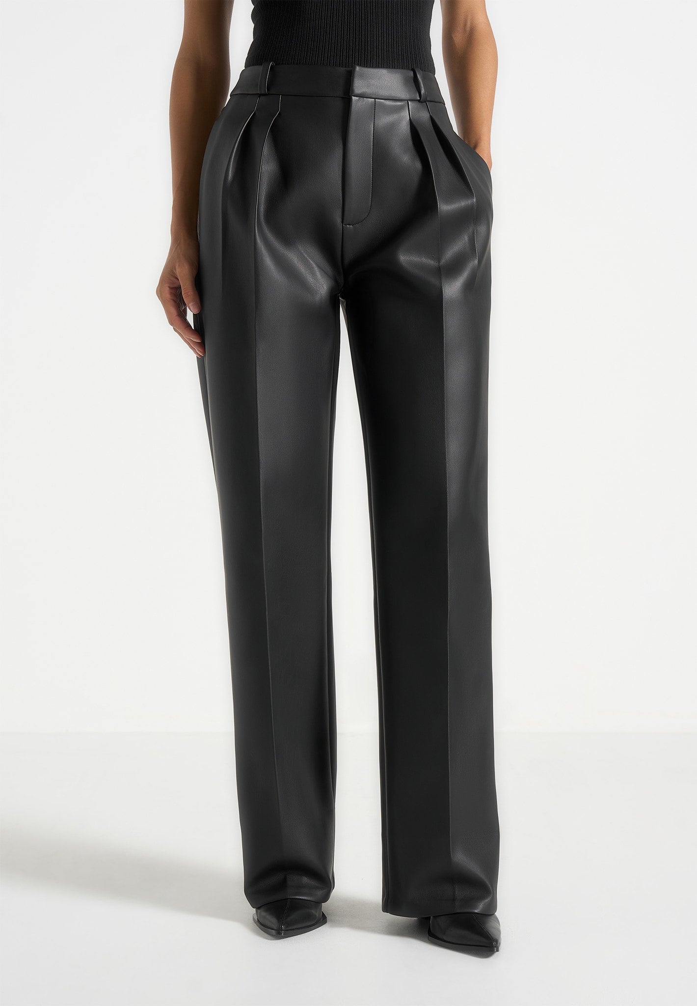 Julie - Leather Twin Pleat Pants - Black