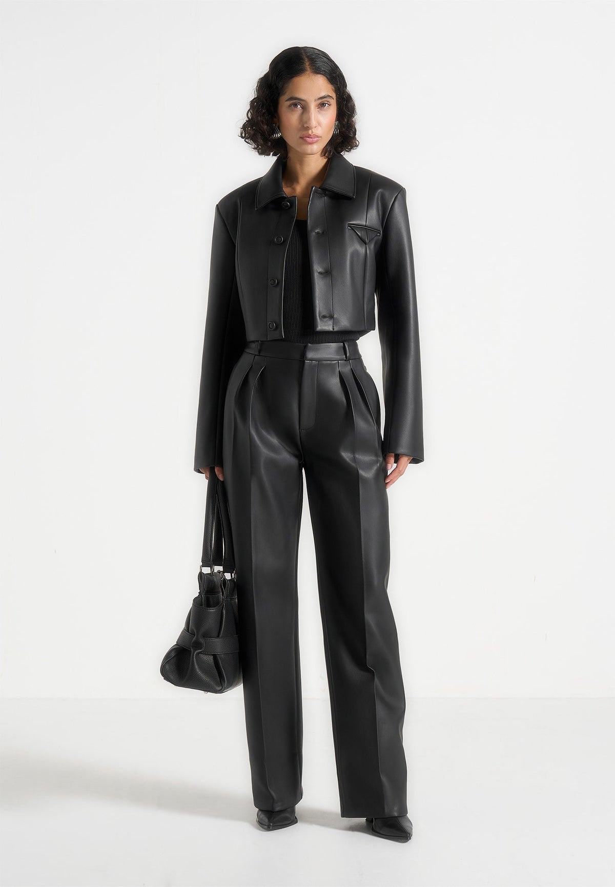 Julie - Leather Twin Pleat Pants - Black