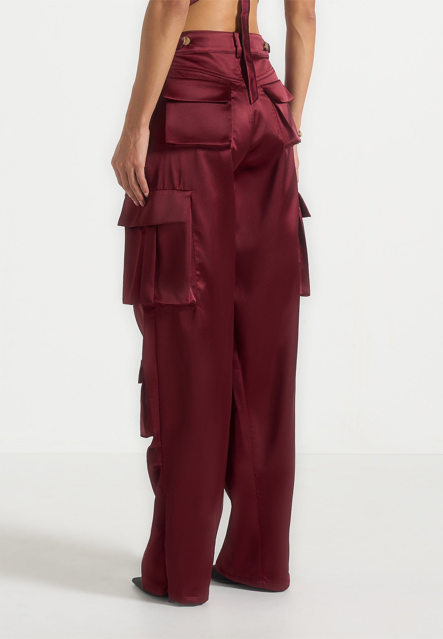 Emilie - Satin High Waisted Cargo Pants - Wine Red